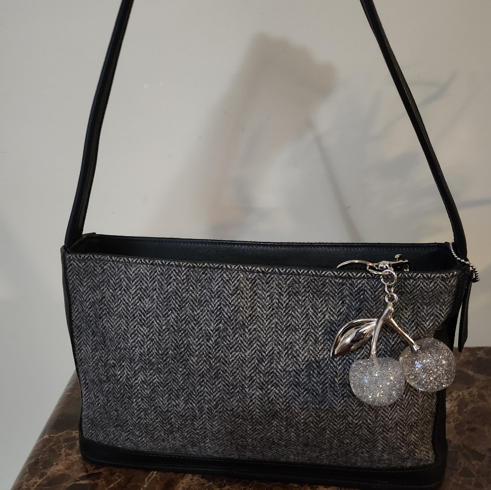 COACH Women’s Black & Gray Herringbone Shoulder Bag with Cherry Charm